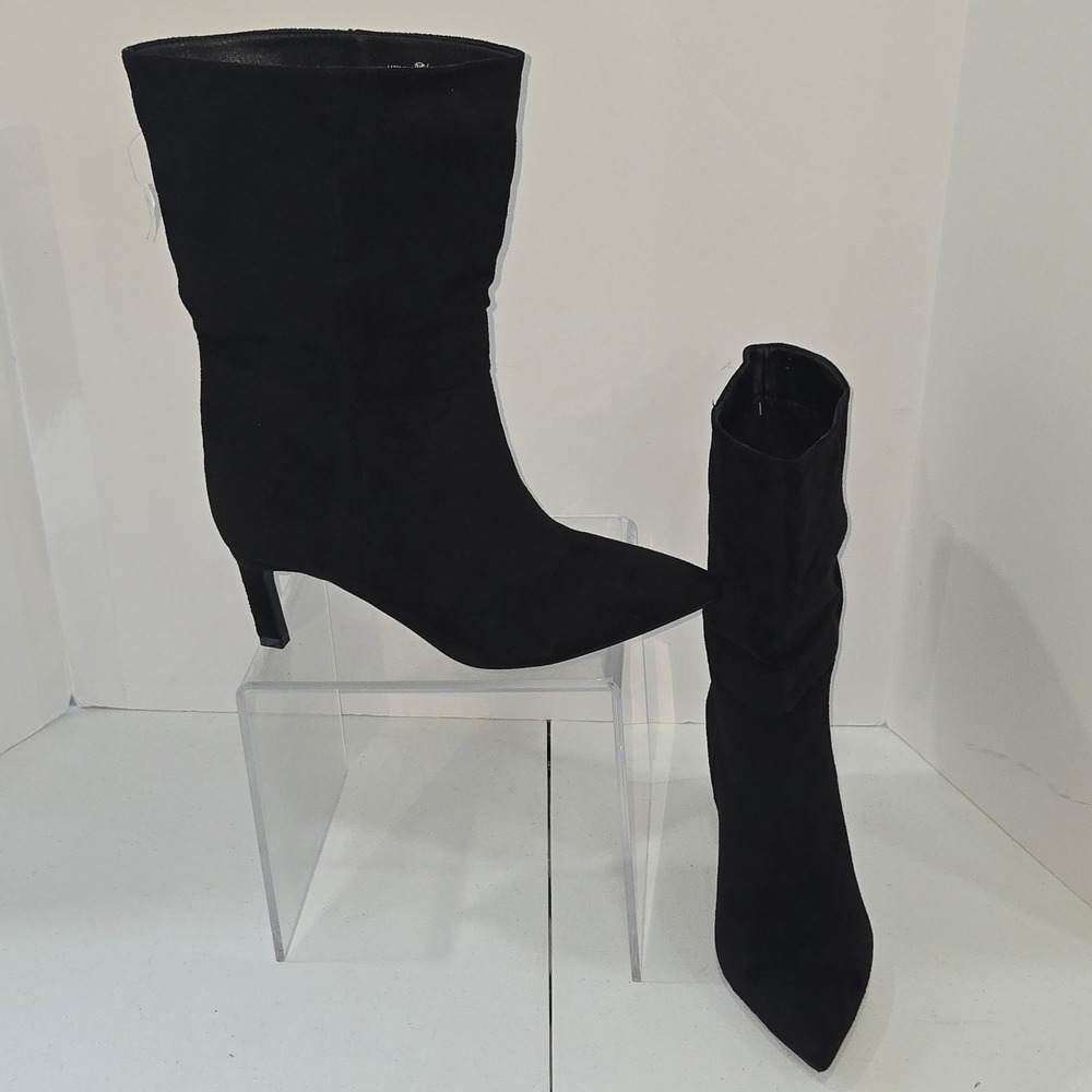 SEQWL Black Faux Suede Pointed Toe Stiletto Mid-Calf Boots Wide Fit UK 7 EUR 40
